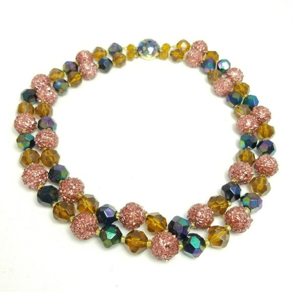 Vintage Two Strand Beaded Necklace, Brown Mixed Beads, West Germany, Estate - Picture 1 of 8